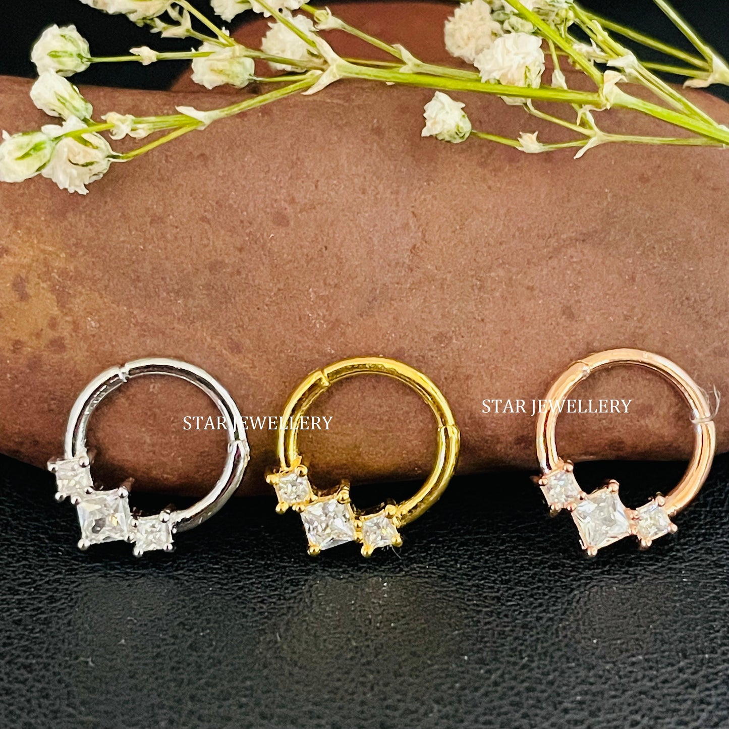 925 Sterling Silver Three Stone Princess Diamond Daith Clicker Piercing