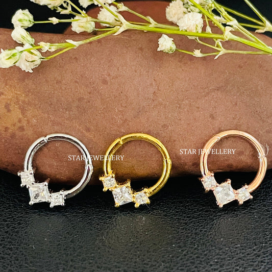 925 Sterling Silver Three Stone Princess Diamond Daith Clicker Piercing