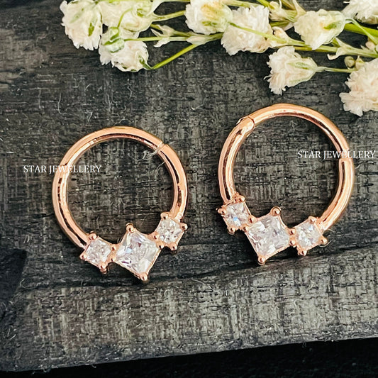 925 Sterling Silver Three Stone Princess Diamond Daith Clicker Piercing