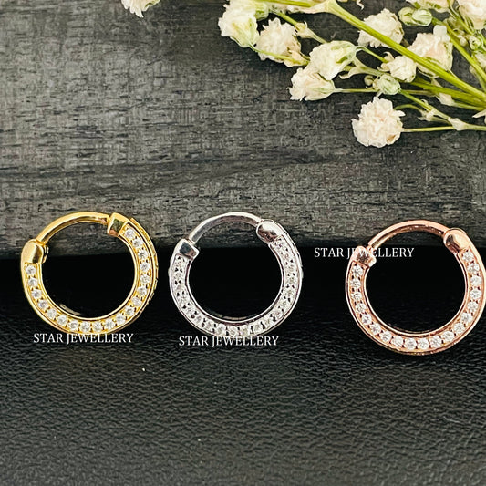 Micro Pave Set CZ Diamond Septum Clicker Piercing in 925 Sterling Silver