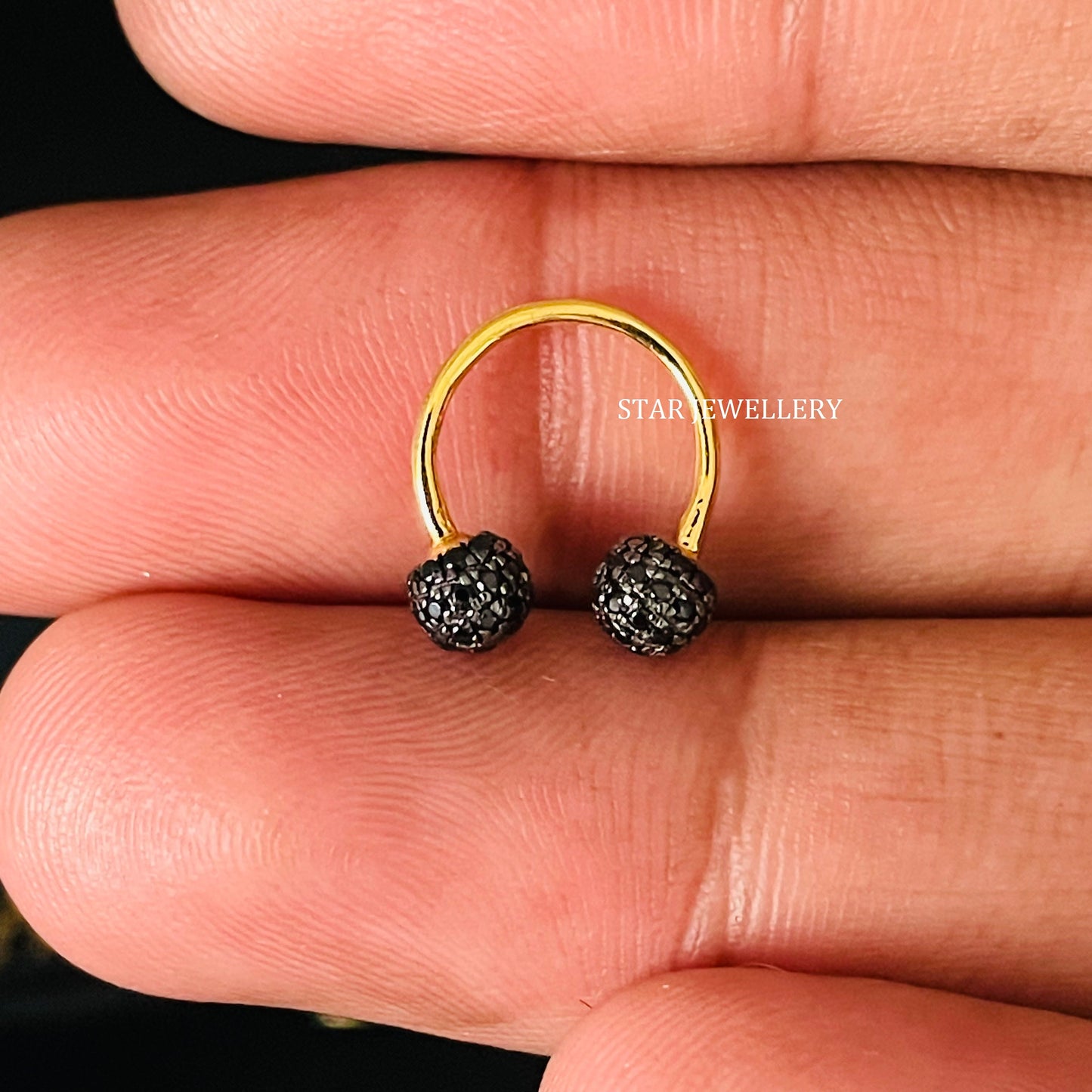 10K Solid Gold Black Diamond Horse Shoe Daith Earring