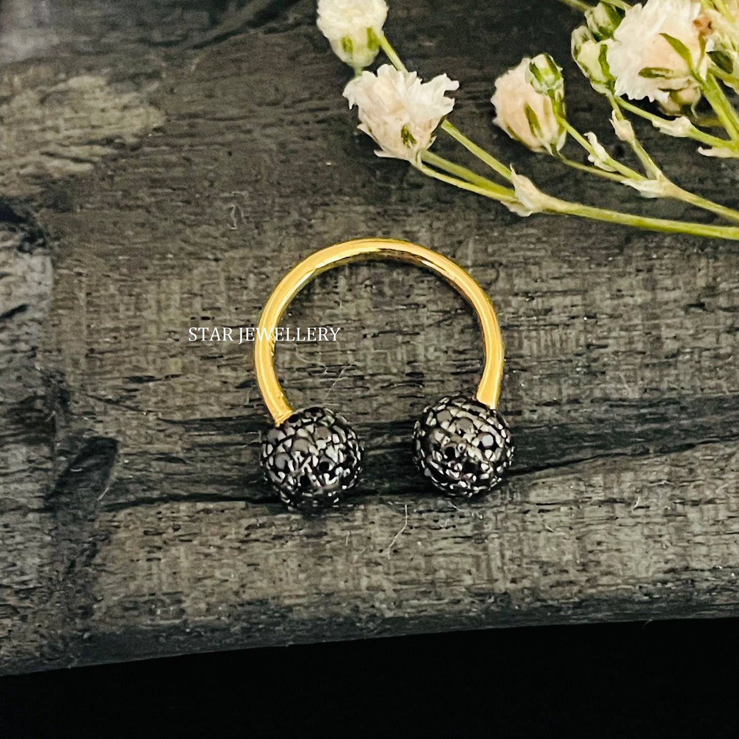 10K Solid Gold Black Diamond Horse Shoe Daith Earring