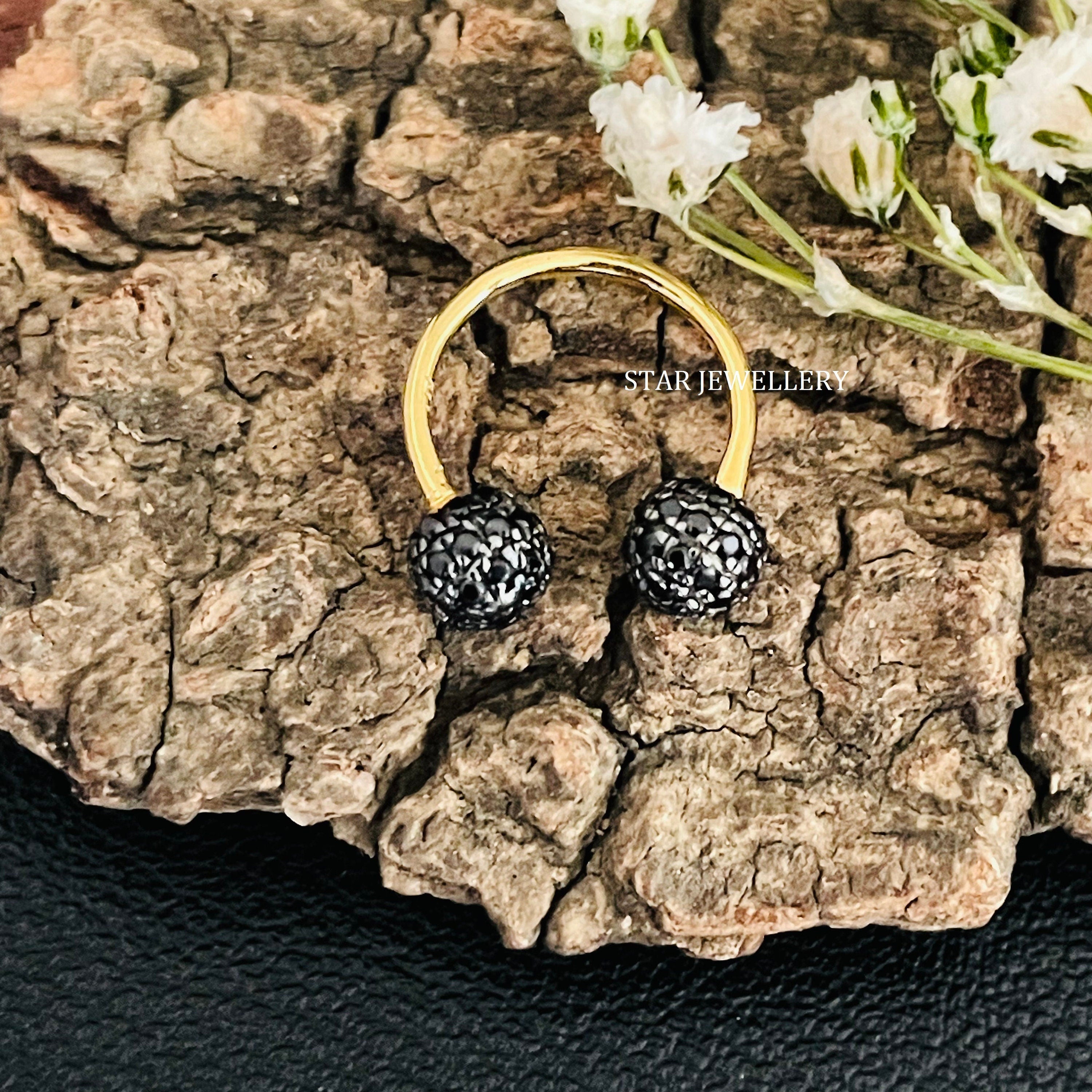 10K gold black diamond horseshoe daith earring, 8mm and 10mm