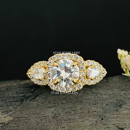 1.25 Ct Colorless Round Cut Three Stone Halo Moissanite Engagement Ring