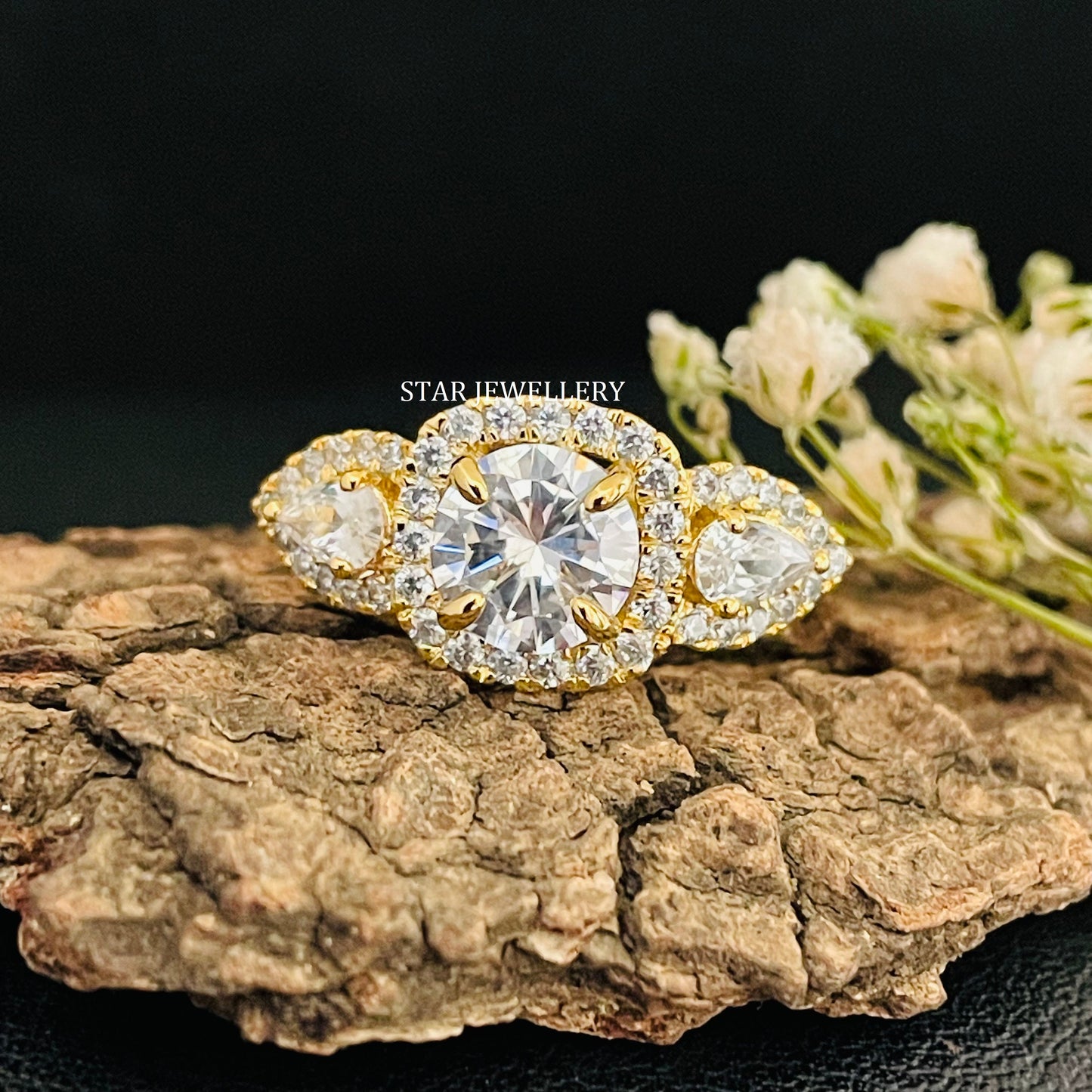 1.25 Ct Colorless Round Cut Three Stone Halo Moissanite Engagement Ring