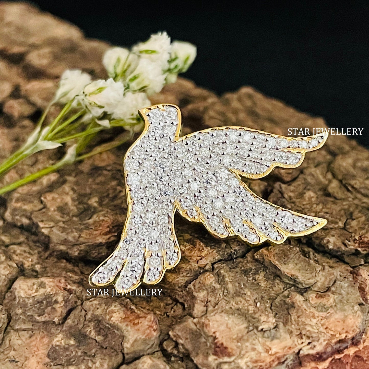 14K Solid Gold Natural Diamond Swallow Pendant