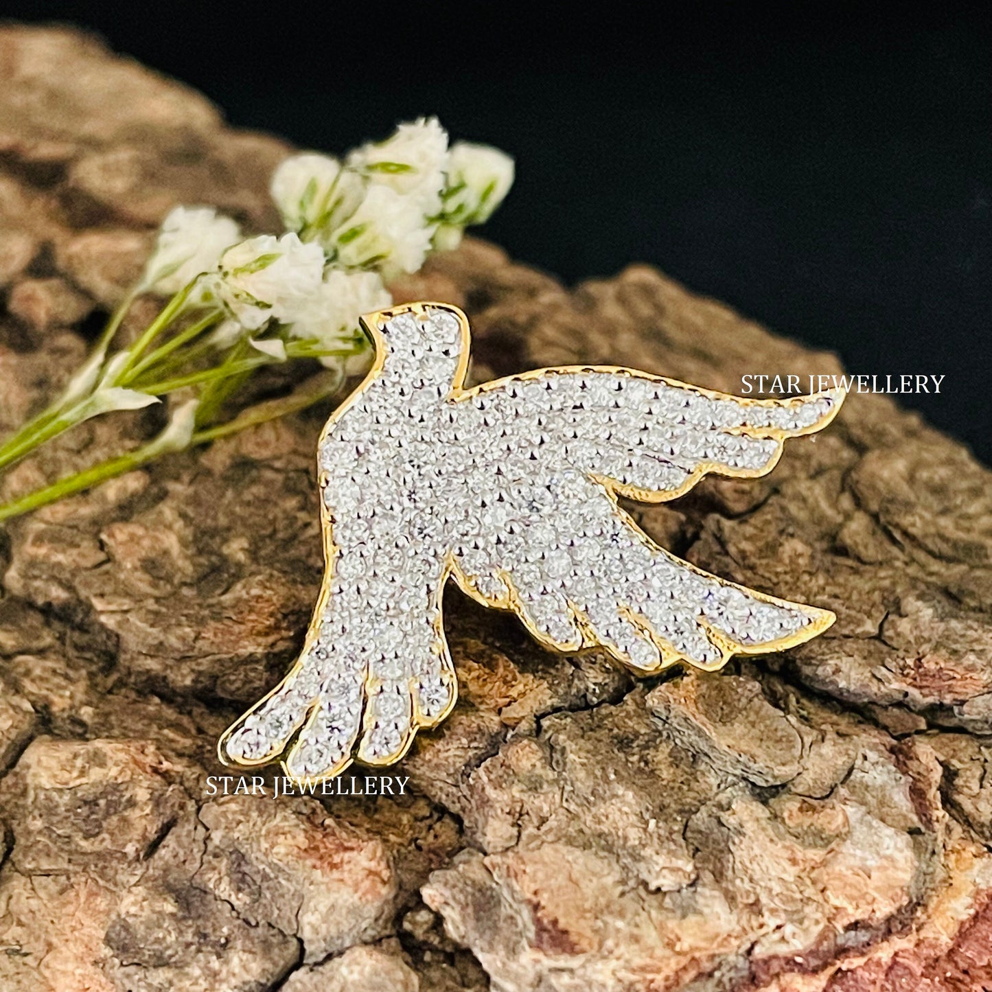 14K Solid Gold Natural Diamond Swallow Pendant
