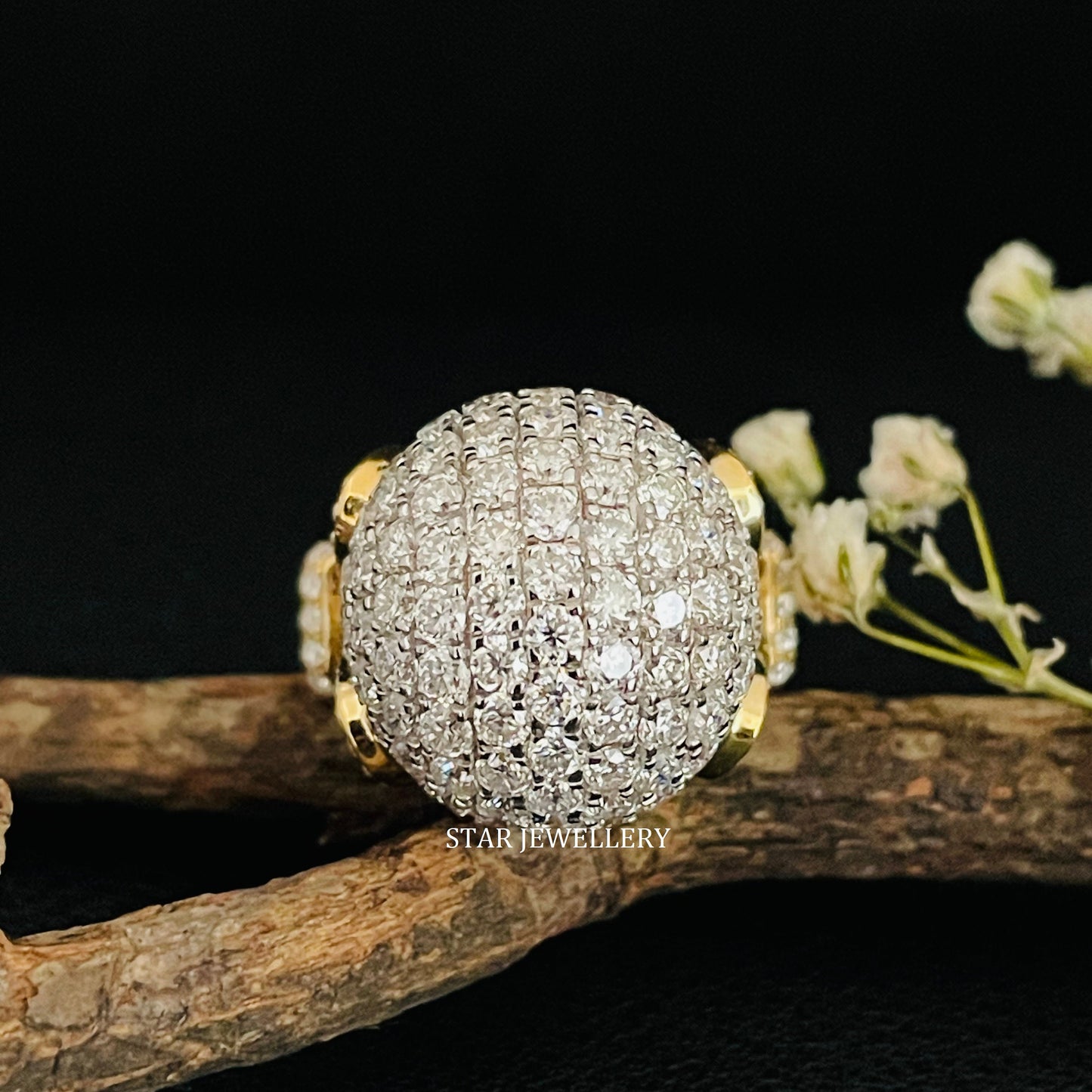 Pave Set Diamond Sphere Solid Gold Ring