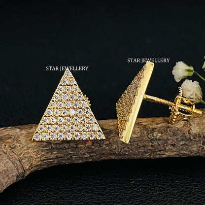 14K Solid Gold Pave Set Diamond Triangle Earring