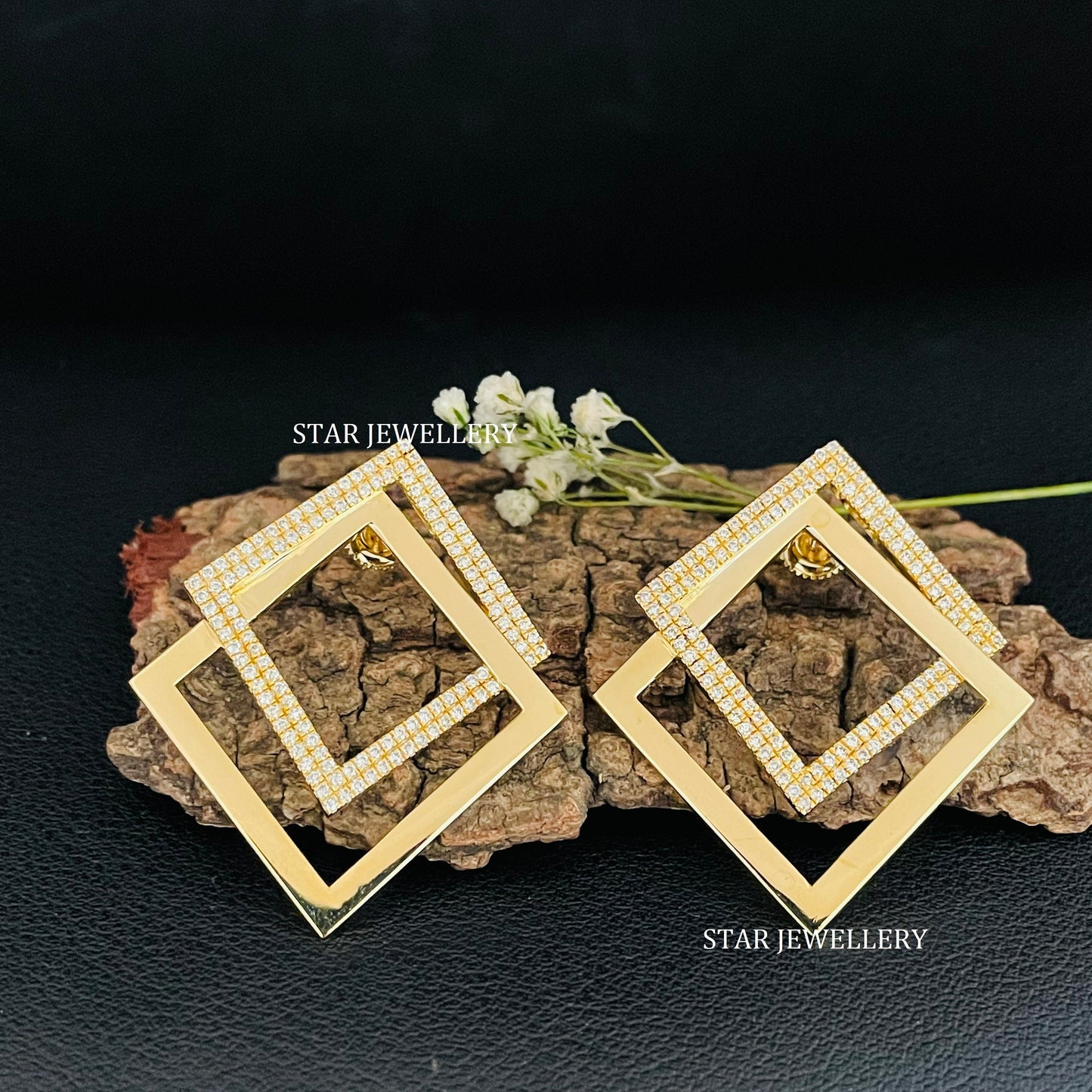 14K Solid Gold Pave Set Diamond Geometric Earring