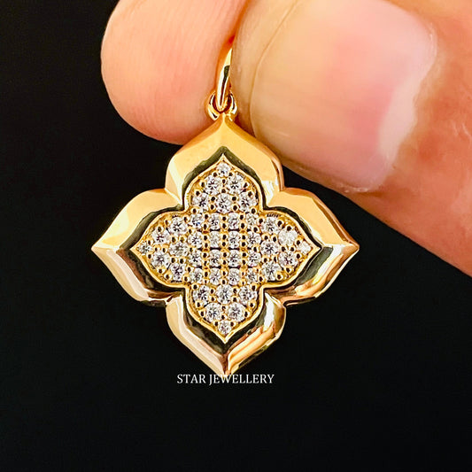 14K Solid Gold Diamond Clover Pendant