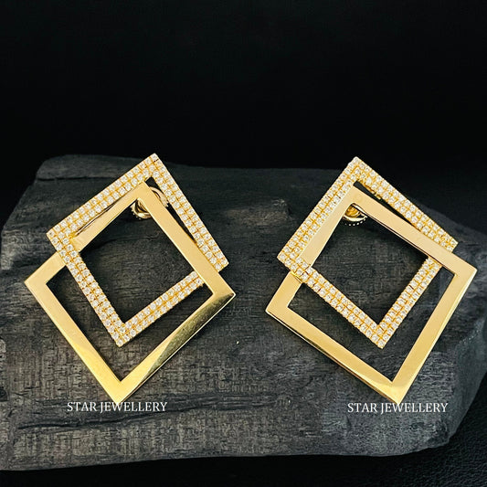 14K Solid Gold Pave Set Diamond Geometric Earring