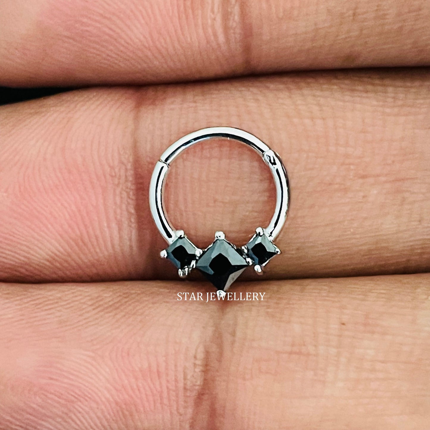 Genuine Princess Cut Black Diamond Trio Stone Septum Clicker