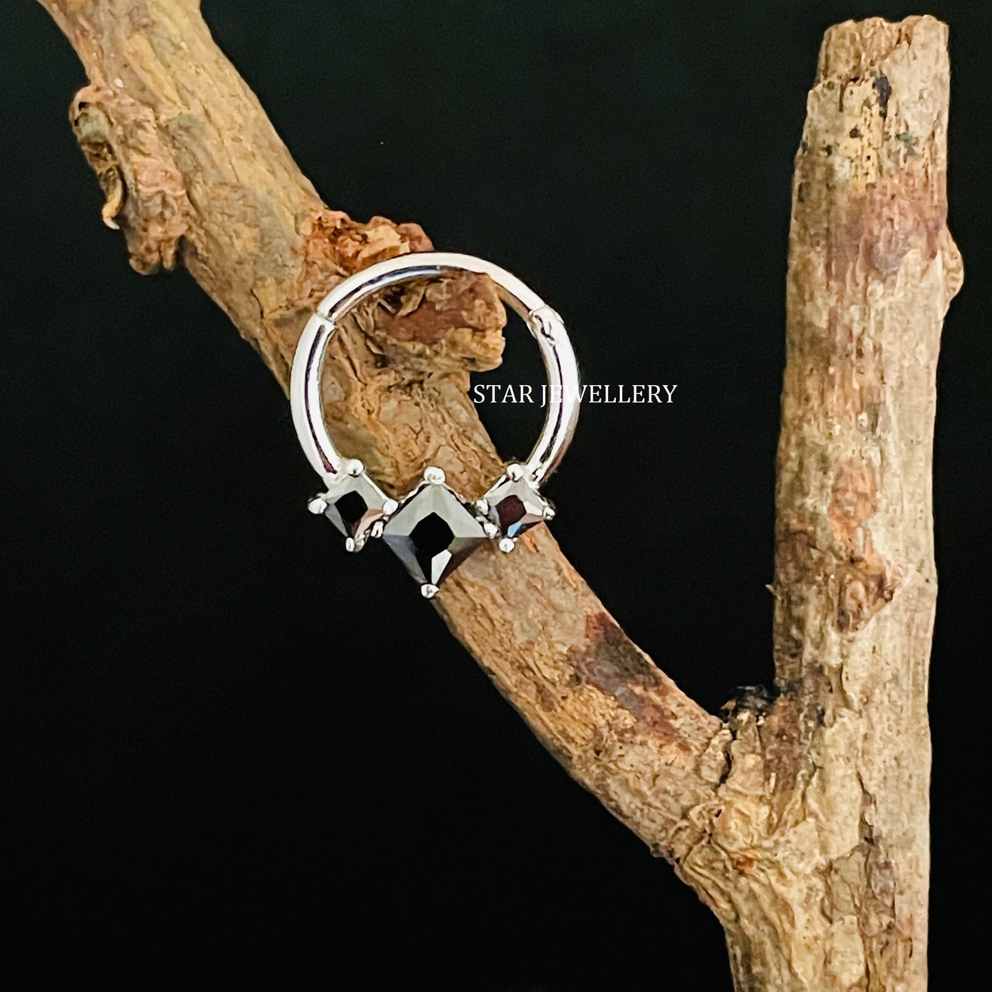 Genuine Princess Cut Black Diamond Trio Stone Septum Clicker