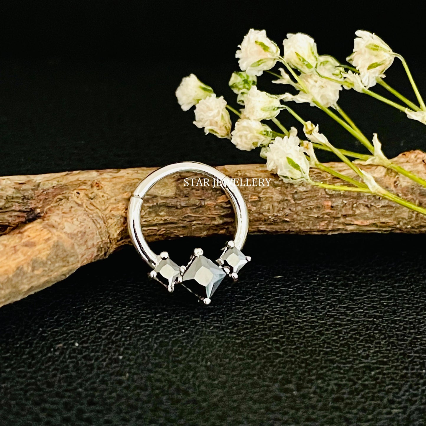 Genuine Princess Cut Black Diamond Trio Stone Septum Clicker