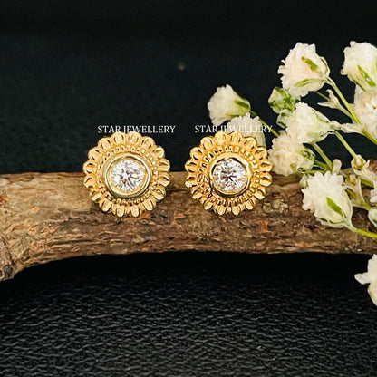 Natural Diamond Bezel Set Flower Stud for Nose Ear Piercing
