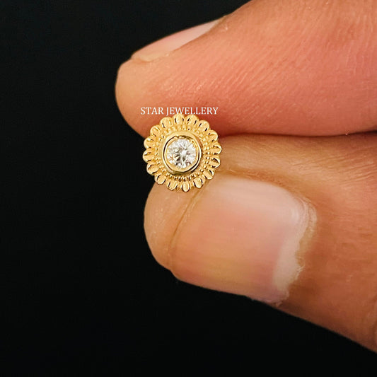 Natural Diamond Bezel Set Flower Stud for Nose Ear Piercing