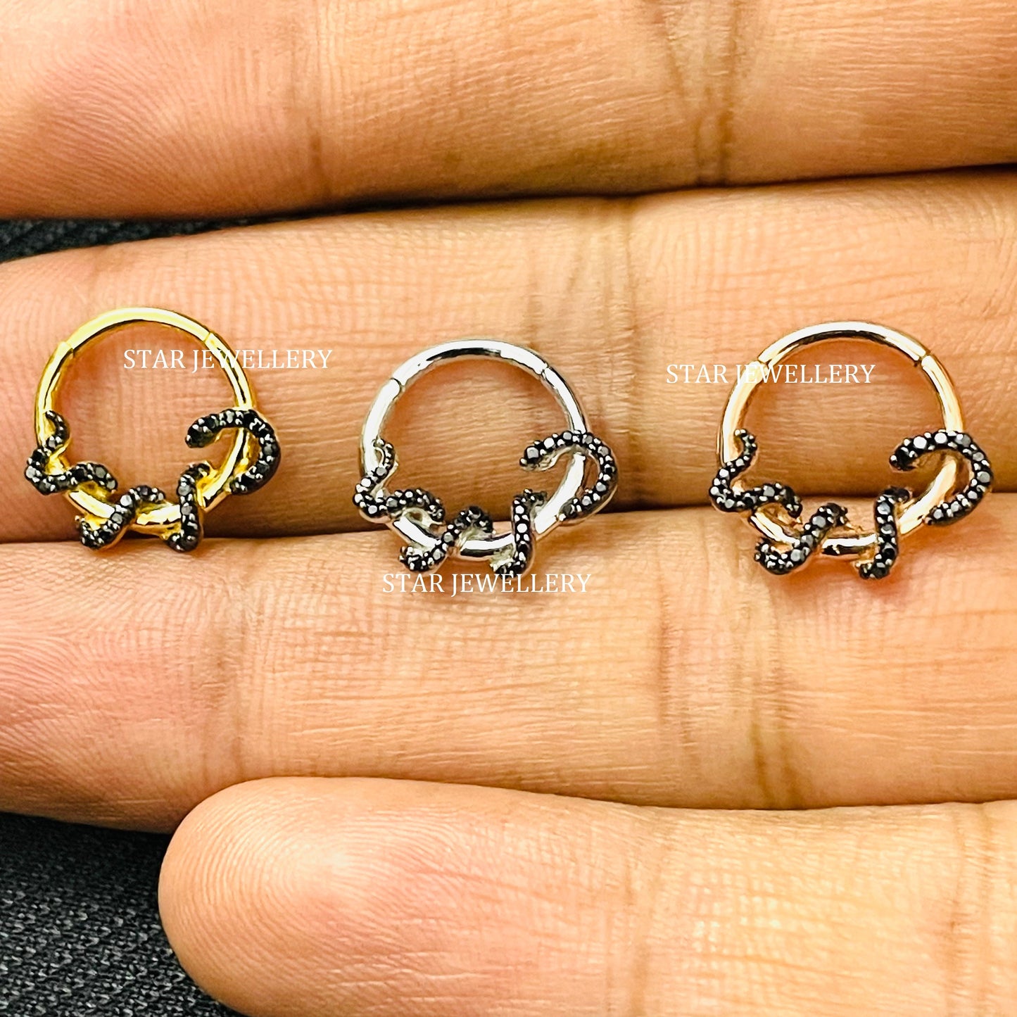 925 Sterling Silver Black Diamond Snake Daith & Septum Clicker