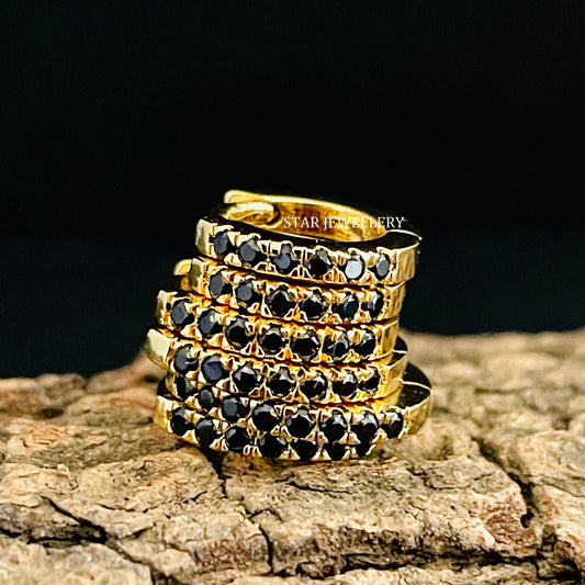 14K Solid Gold 6 - 12 mm CZ Black Diamond Hoop Earring