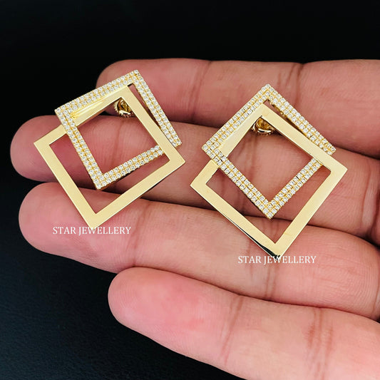14K Solid Gold Pave Set Diamond Geometric Earring