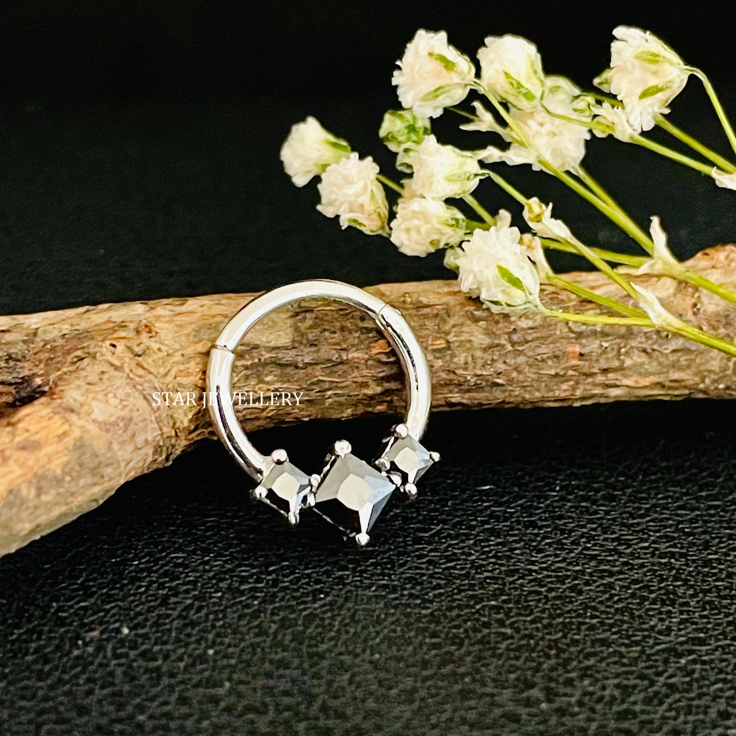 Genuine Princess Cut Black Diamond Trio Stone Septum Clicker