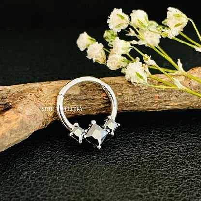 Genuine Princess Cut Black Diamond Trio Stone Septum Clicker