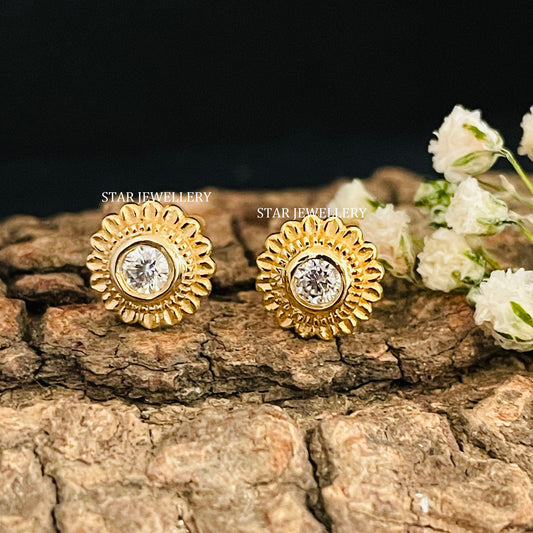 Natural Diamond Bezel Set Flower Stud for Nose Ear Piercing