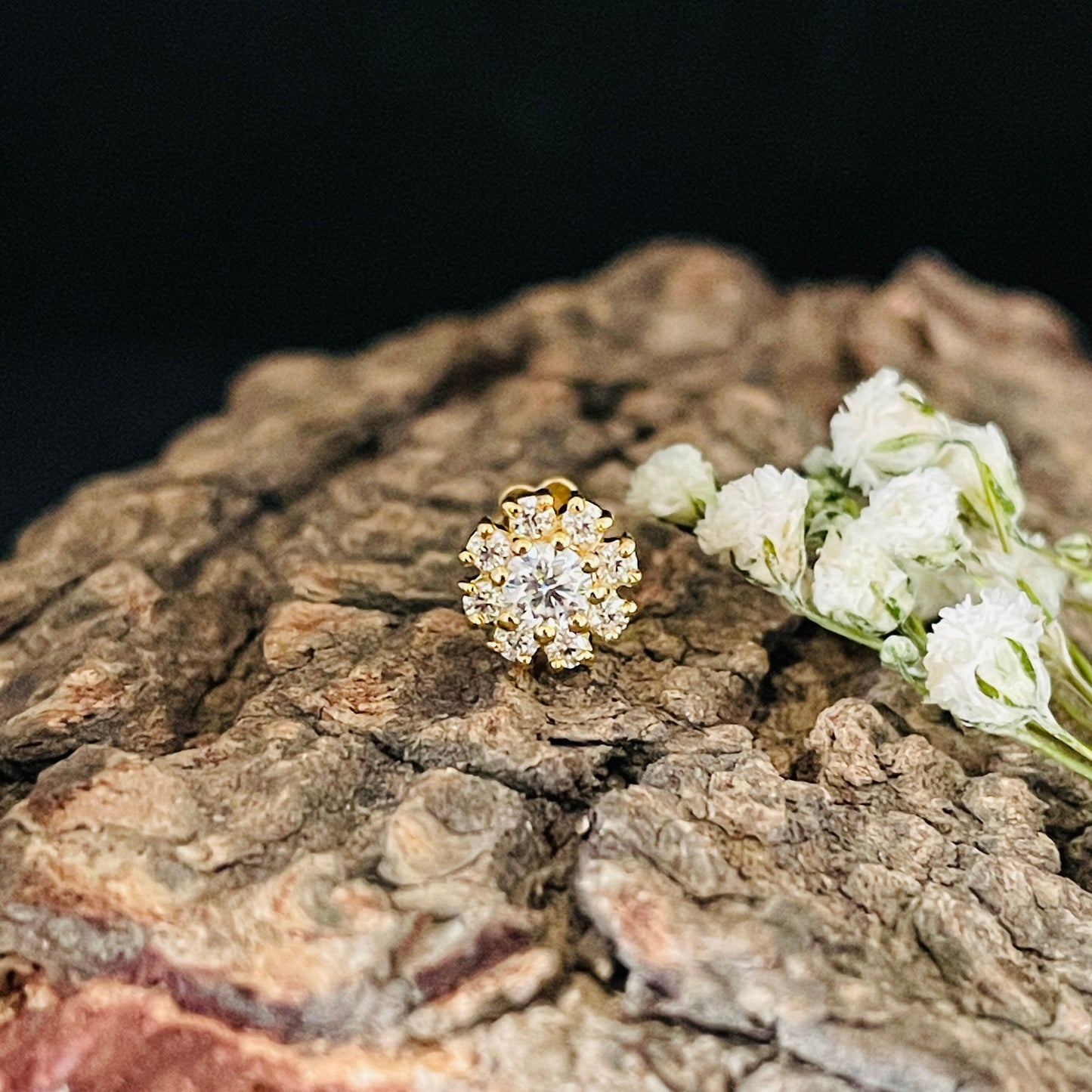 14K Gold Diamond Cluster Floral Ear Piercing