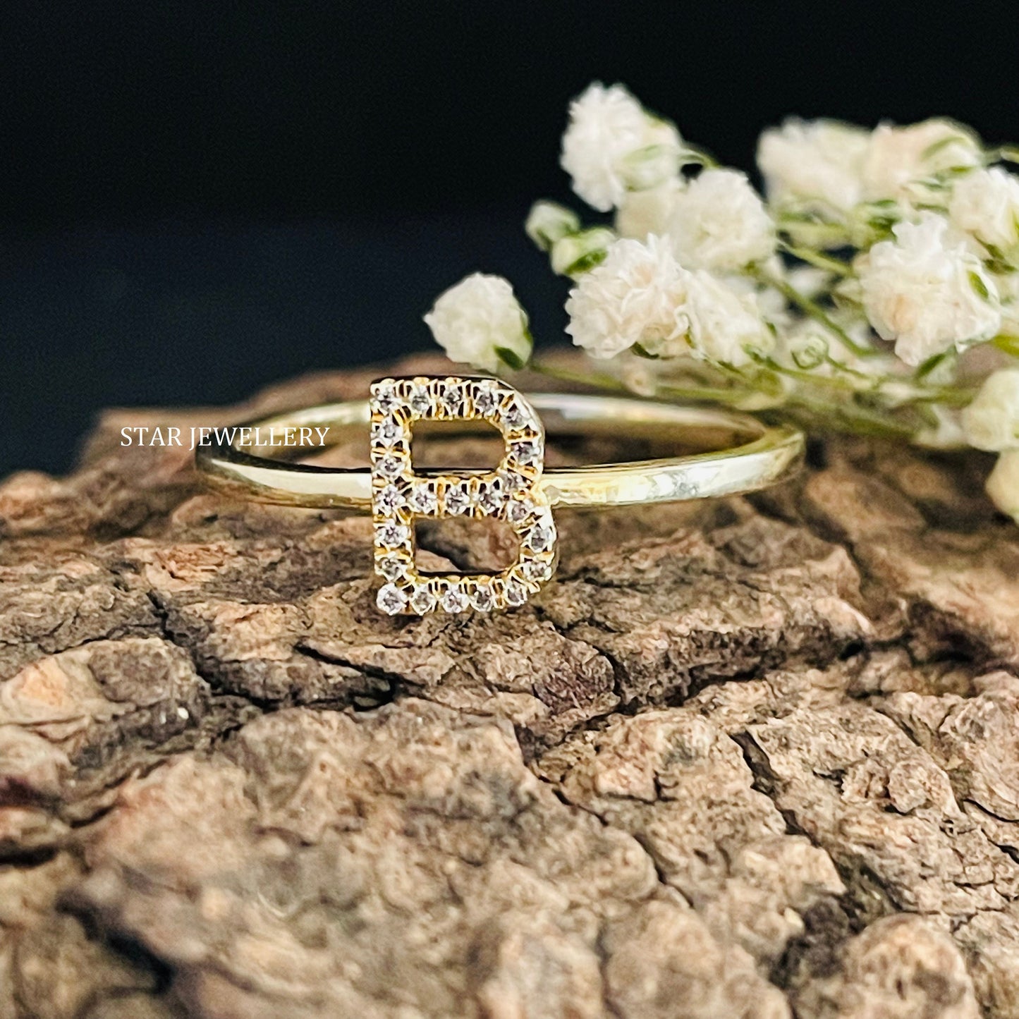 Diamond Initial Dainty Solid Gold Ring
