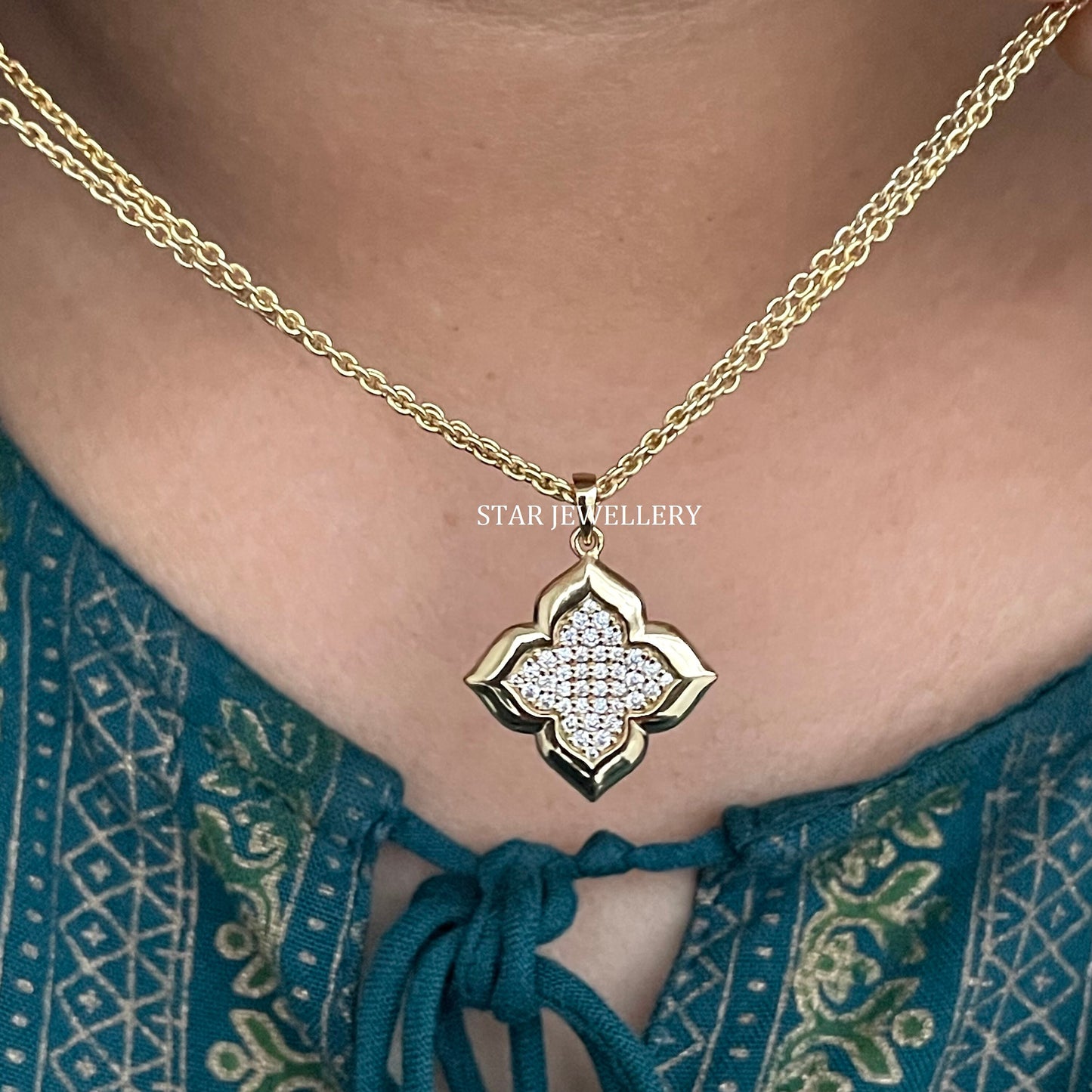 14K Solid Gold Diamond Clover Pendant