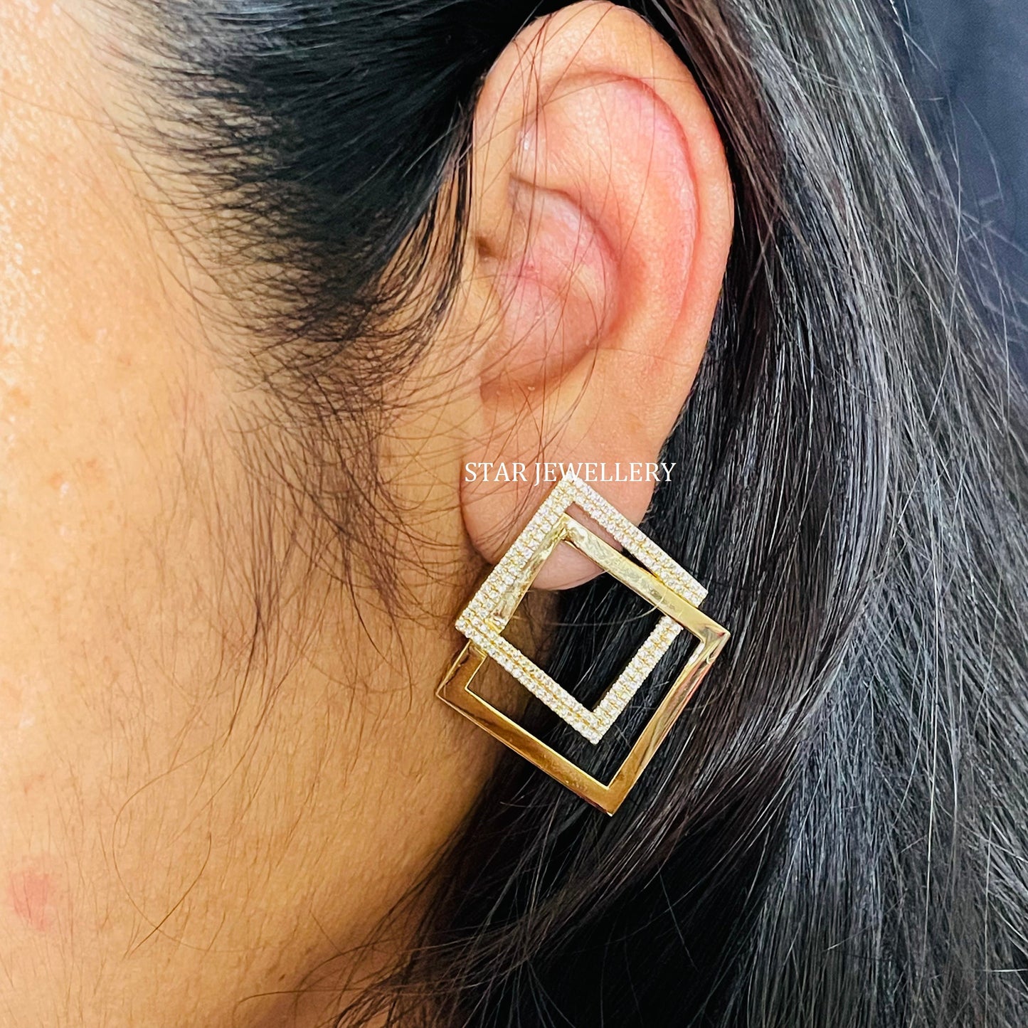 14K Solid Gold Pave Set Diamond Geometric Earring