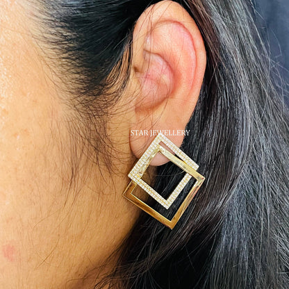 14K Solid Gold Pave Set Diamond Geometric Earring