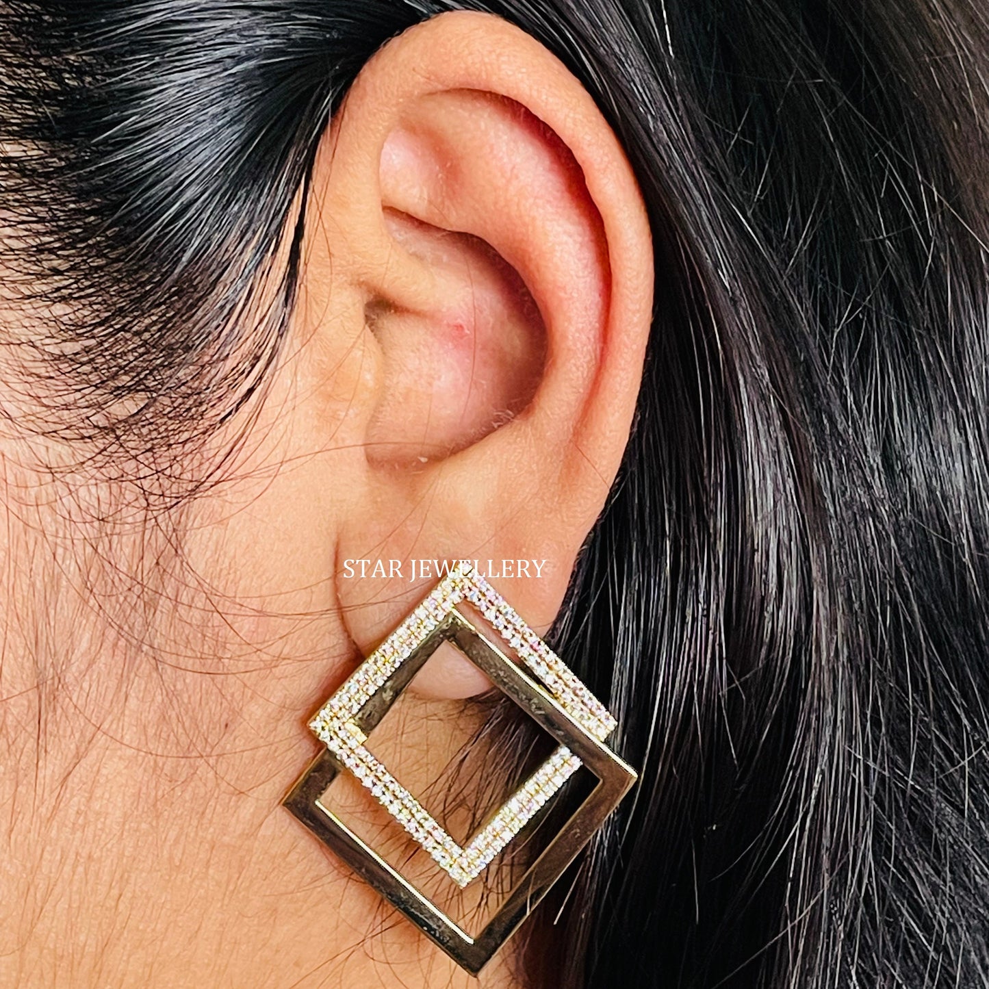 14K Solid Gold Pave Set Diamond Geometric Earring