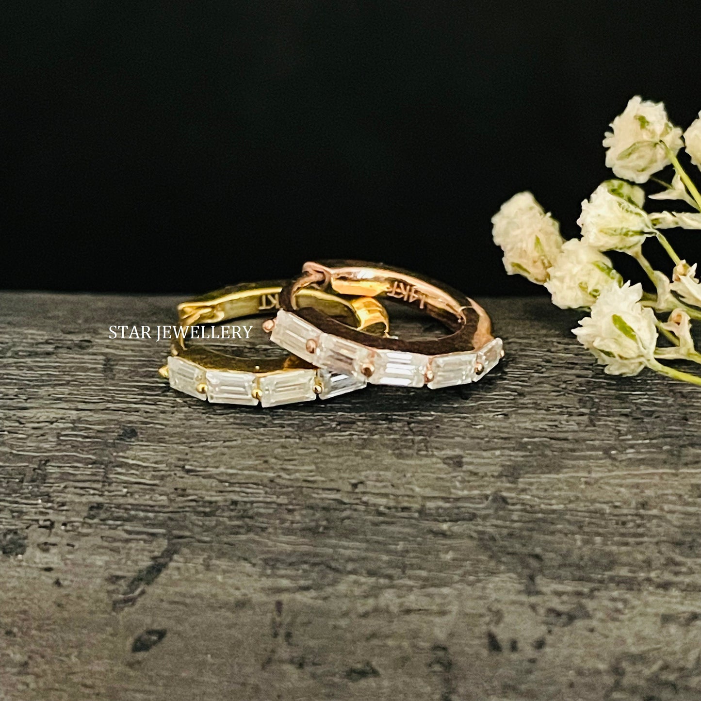 14K Solid Gold Baguette Moissanite Hoop Earring
