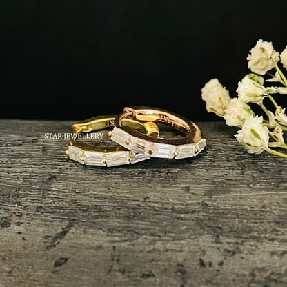 14K Solid Gold Baguette Moissanite Hoop Earring