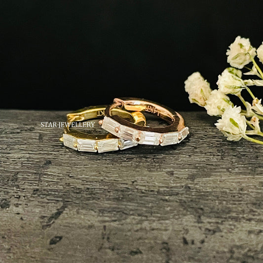 14K Solid Gold Baguette Moissanite Hoop Earring