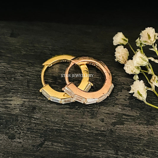 14K Solid Gold Baguette Moissanite Hoop Earring