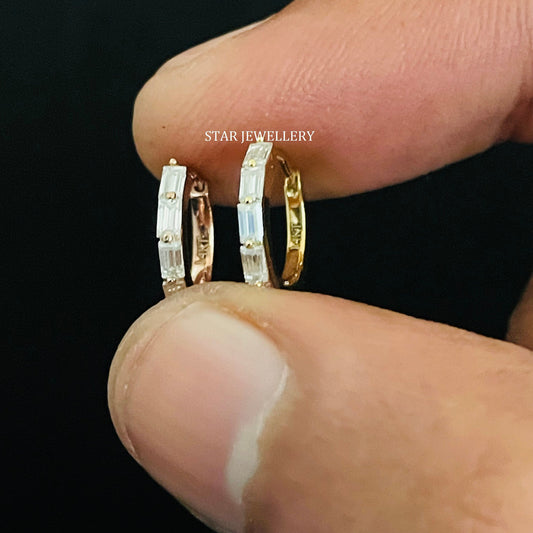 14K Solid Gold Baguette Moissanite Hoop Earring