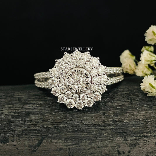 1.0 Ct Natural Diamond Cluster Double Halo Engagement Ring
