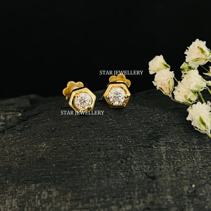 Natural Diamond Hexagon Stud for Ear Piercing