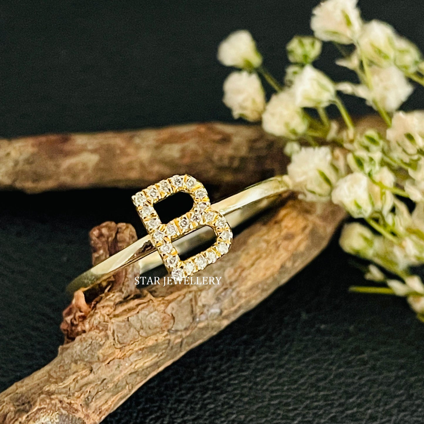 Diamond Initial Dainty Solid Gold Ring