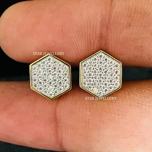 14K Solid Gold Diamond Geometric Hexagon Earring