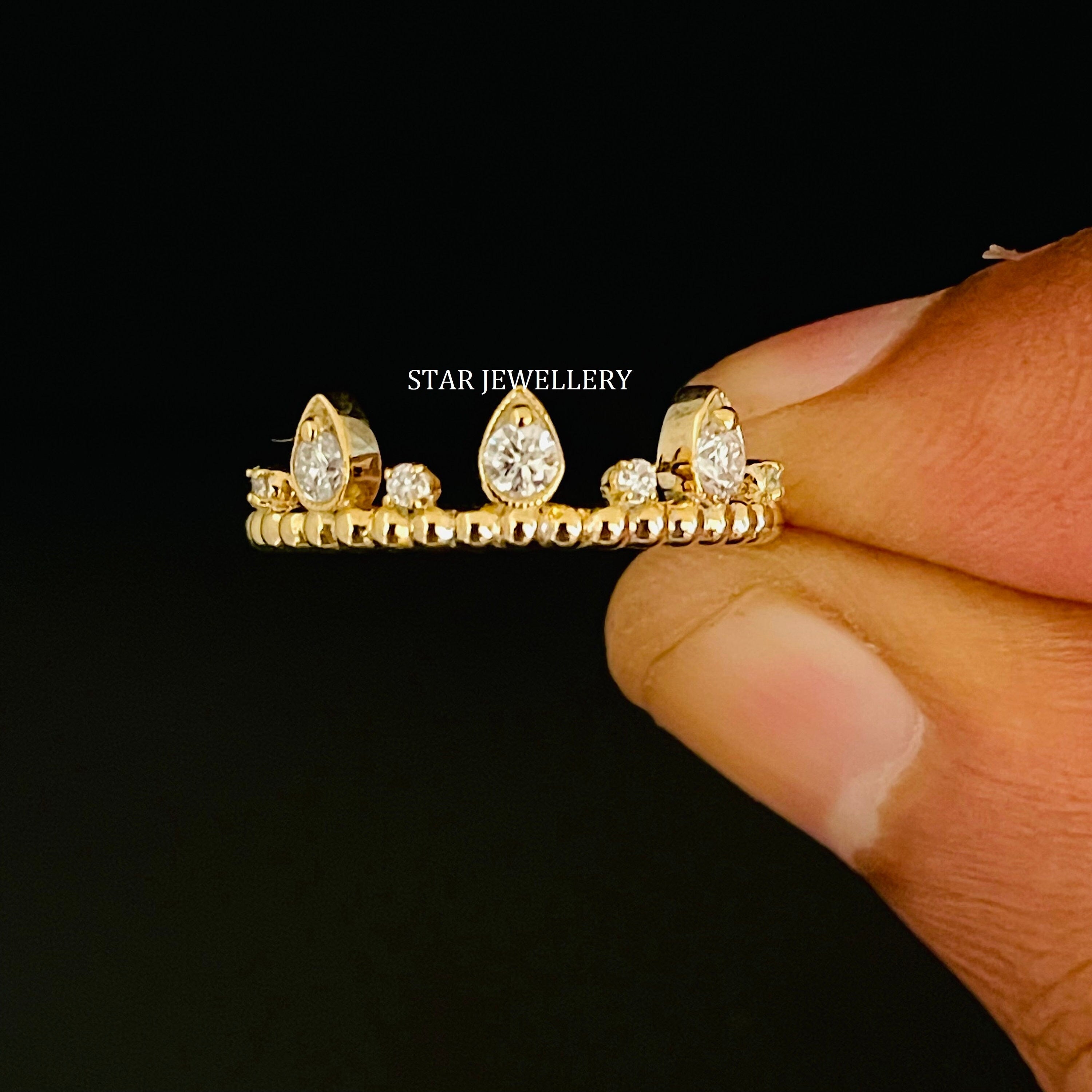 14K solid gold stackable natural diamond wedding ring shown as a single band