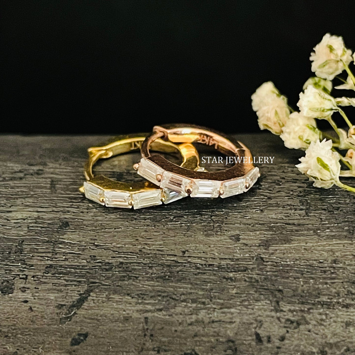 14K Solid Gold Baguette Moissanite Hoop Earring