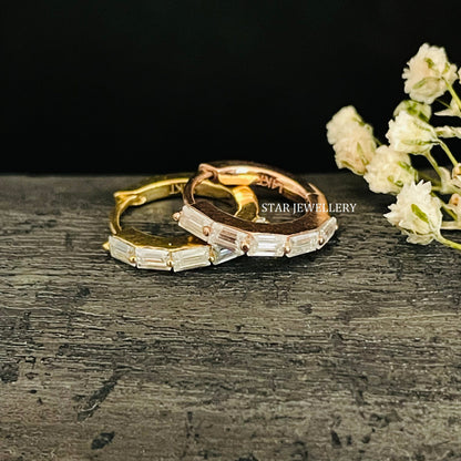 14K Solid Gold Baguette Moissanite Hoop Earring