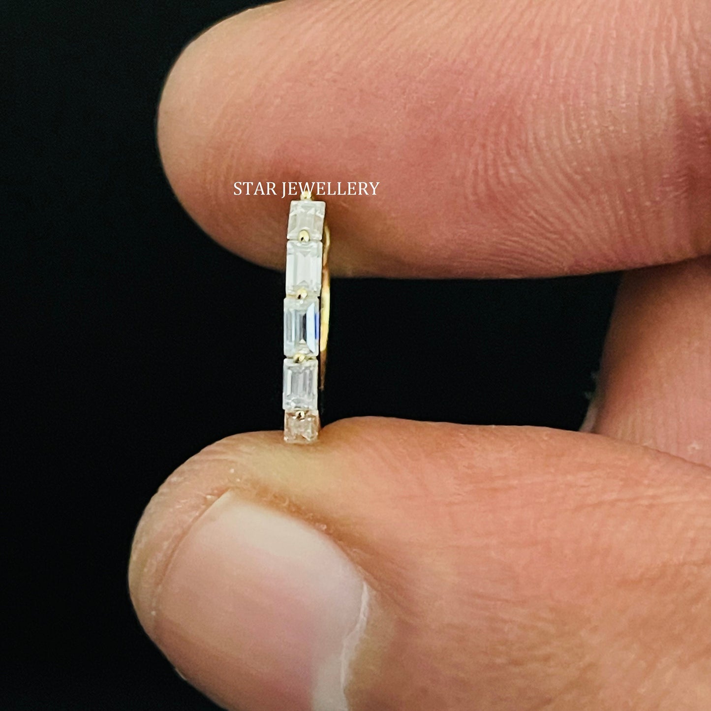 14K Solid Gold Baguette Moissanite Hoop Earring