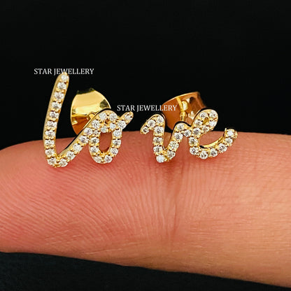 Solid Gold Natural Daimond LOVE Letter Earring