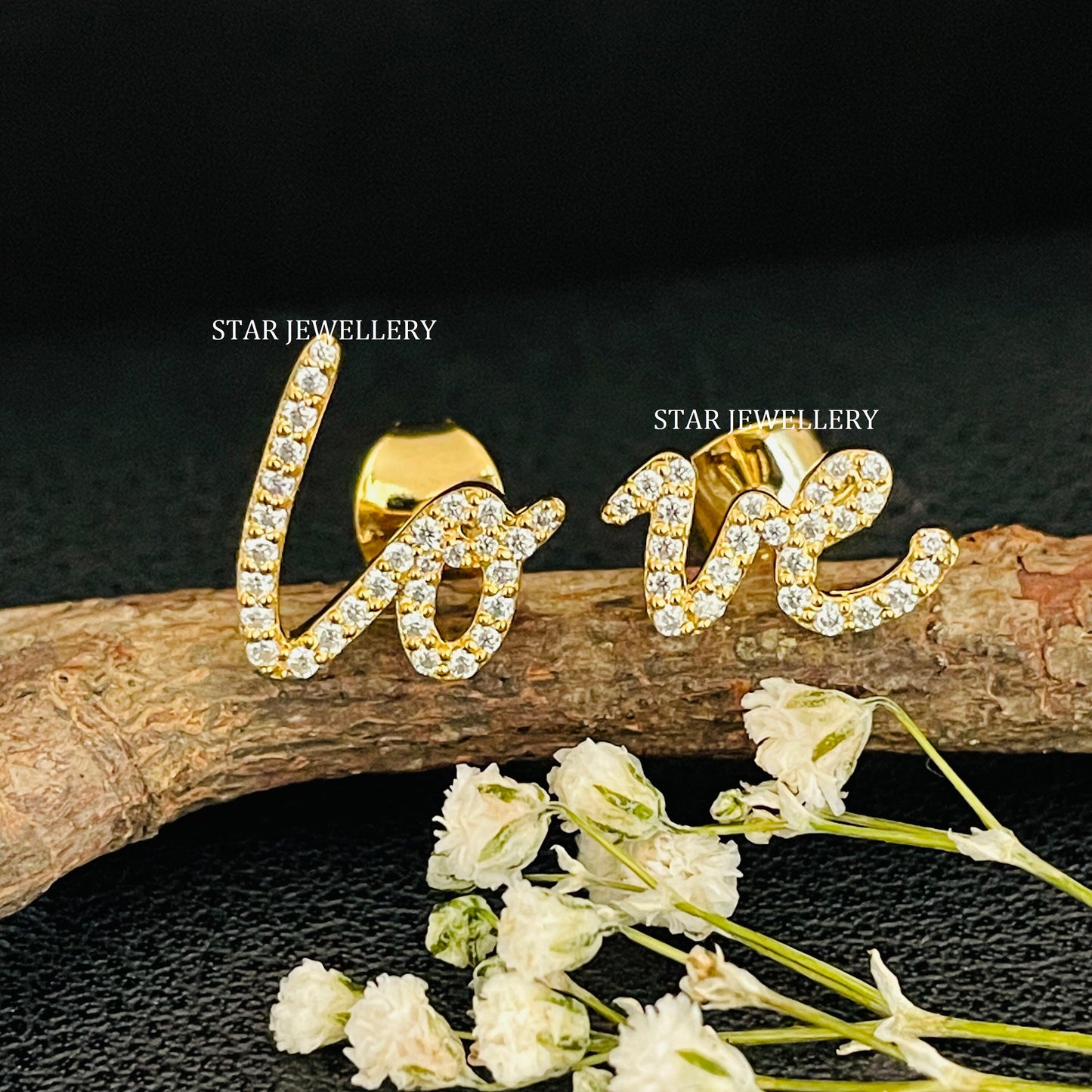 Solid Gold Natural Daimond LOVE Letter Earring