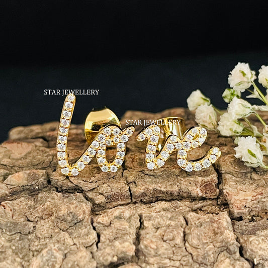 Solid Gold Natural Daimond LOVE Letter Earring