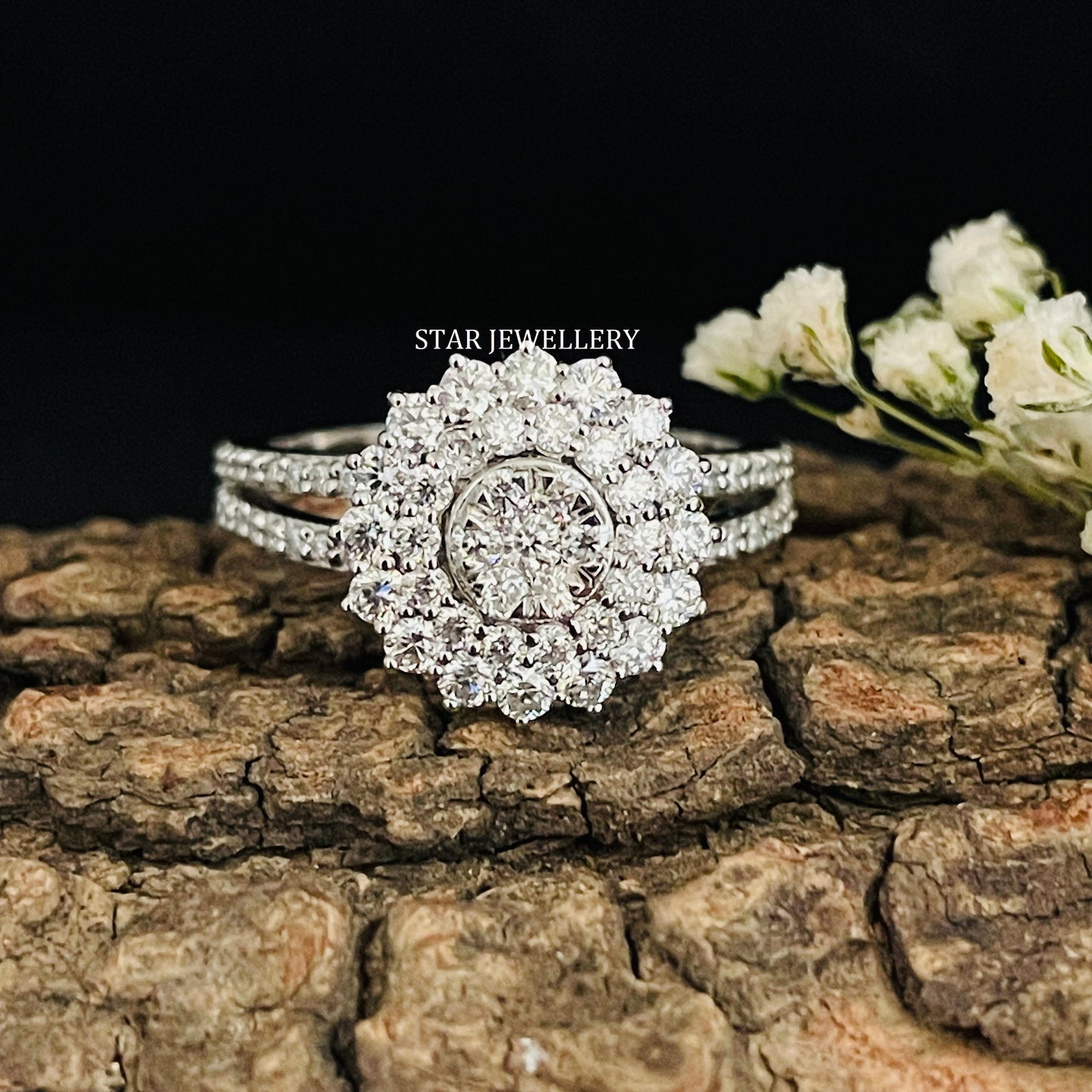 1.0 Ct Natural Diamond Cluster Double Halo Engagement Ring